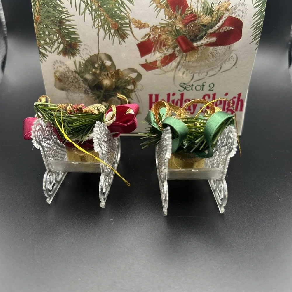Set Of 2 Holiday Sleigh  Santa's Sleigh Christmas Tree Ornaments Decorated